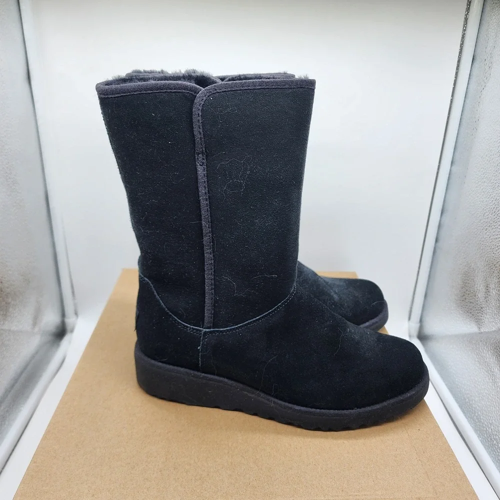 UGG Amie Classic Slim Boots Women 7.5 Black Suede Sheepskin Wedge Treadlite